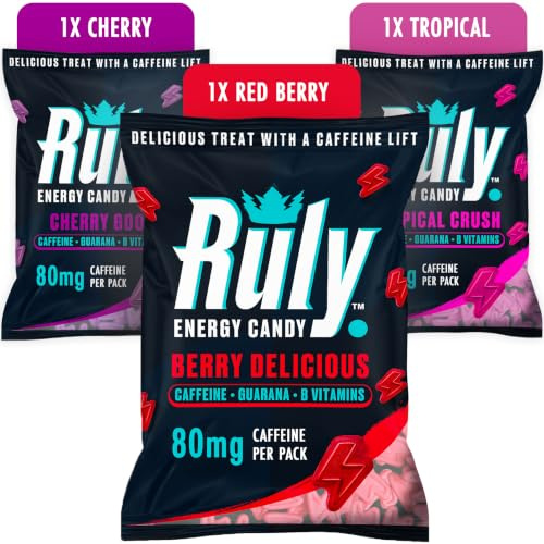 Ruly Energy Gummies (3 Pack) Caffeinated Energy Chews - 80mg Caffeine Per Pack, Microboost Flexible Dosing - Pre Workout Gummies, Running Sweets - Coffee Alternative with Guarana, Vitamin B12 & B6