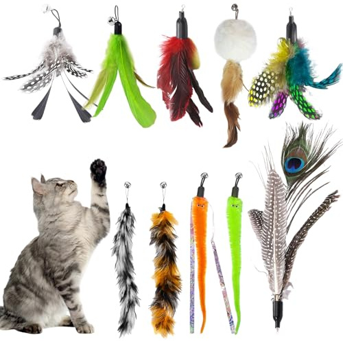 AMFUN 10 stycken kattleksaker, interaktiva kattfjäderleksaker, kattfiske, kattleksaker, set för kattungar och katter
