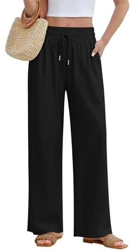 Fashora Pantalones de Lino Pantalones de Anchos para Mujer de Verano Pantalón Cintura Elástica Casual Pantalón Palazzo con Cordón Ajustable con Bolsillos para Playa Vacaciones