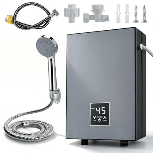 5500W Mini Durchlauferhitzer 220V, Elektrischer Warmwasserbereiter mit LED 30-55℃ & Duschset, IPX4, Kompakter Durchlauferhitzer für Dusche Küche Wohnmobil (Grau)