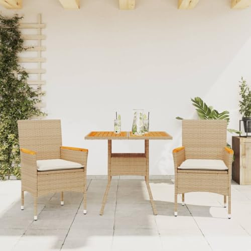 sephironlbb 3-TLG Garten-Essgruppe mit Kissen Beige Poly Rattan, Akazienholz Tisch, wetterfestes Gartenmöbel Set für Balkon, Terrasse, Outdoor mit Polyrattan Stuhl, Sitzgruppe Lounge Garnitur