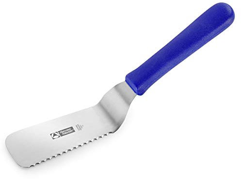Thermohauser 5000266841 Cake Palette (Stainless Steel), Serrated Edge on one Side, Angled, Blue Plastic Handle, usable Length Blade 15 cm
