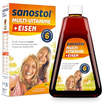 Sanostol® plus Eisen mit 9 wichtigen Vitaminen, 230 ml | Enthält bioverfügbares Eisen in Form von Eisen(II)-gluconat, das zur normalen kognitiven Entwicklung von Kindern beiträgt