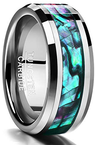 NUNCAD Bagues en Tungstène Argent Homme 8mm,Bague de Fiançailles avec Coquille d'ormeau et Finition Miroir Métallique pour Coupe Confort 62 (22)