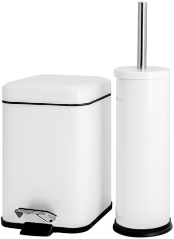Harbour Housewares 3L Bathroom Bin & Brush Set - White - 2pc Mismatched Stainless Steel Square Pedal Bin & Round Toilet Brush Set Slim Small Trashcan for Kitchen Waste, Bathroom Rubbish
