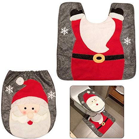 Pveath 2 Pcs Christmas Toilet Cover Decorations Set Christmas Snowman Reindeer Santa Toilet Seat Cover Set and Rug Red Christmas Bathroom Decorations Xmas Home Indoor (Santa Claus)