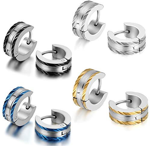 JewelryWe Schmuck Herren-Ohrringe, Edelstahl Creolen Gestüt Ohrstecker, Blau Schwarz Gold Silber