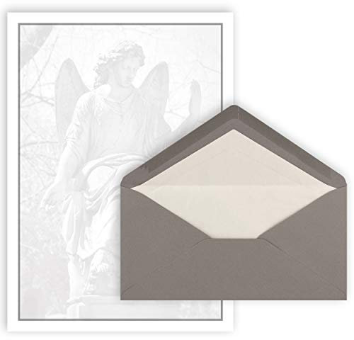 25x Trauerbrief A4 mit Umschlag Din Lang 22 x 11 cm - grauer Trauerrand mit Engel Motiv - Premium Qulität für Traueranzeigen - Trauerdanksagung - Trauerpost