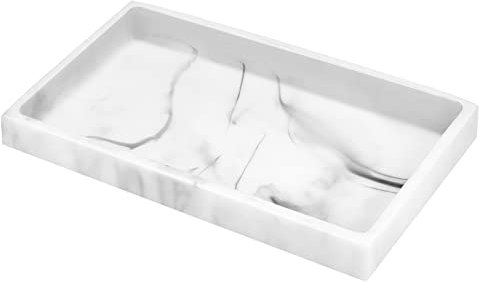 Luxspire Plateau de Salle de Bain en résine, pour Commode, Bijoux, évier de Cuisine, Parfum, Bougies, Savon, Serviette, Plantes, Accessoires de Salle de Bain (Taille M, Aspect marbre Blanc)