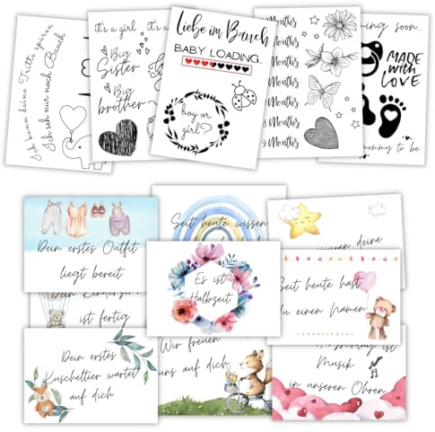 36 Babybauch Tattoo Aufkleber + 9 Meilensteinkarten I Schwangerschaft Geschenke für werdende Mütter Milestone cards I Pregnancy Tattoo I Meine Schwangerschaft Schwangerschaftsbauch