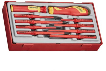 Teng Tools 10 Piece 1000 Volt Insulated Screwdriver Set | Electricians Tools | Slotted, Phillips (PH), Pozidriv (PZ) Interchangeable Blades - TTV710N, Red