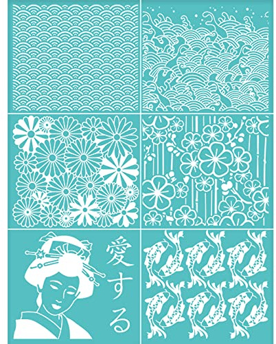 OLYCRAFT Japansk traditionell stil självhäftande silkesskärm tryck stencil orientaliskt tema nätöverföringar silke skärm återanvändbar stencil för målning på trä t-shirt tygväskor – 280 x 220 mm