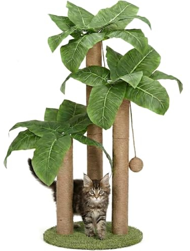 LEMONDA 31.5Inch Cat Scratching Post,Cat Scratcher Tree with 3 Scratching Poles & 2 Interactive Dangling Balls,Cats Scratching Posts for Indoor Kitten & Adult Cats