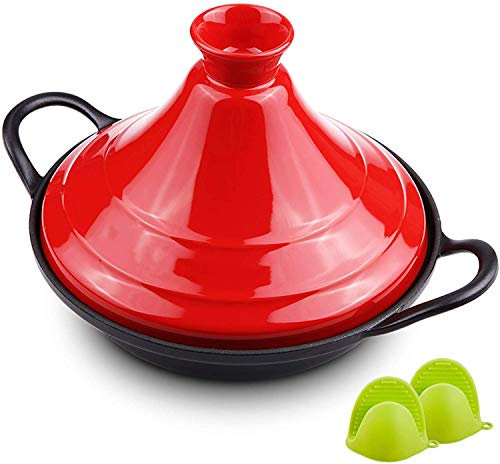 Casserole Dishes with Lids Moroccan Cooking Tagine Pot, Enameled Cast Iron Tagine with Silicone Gloves (Red)