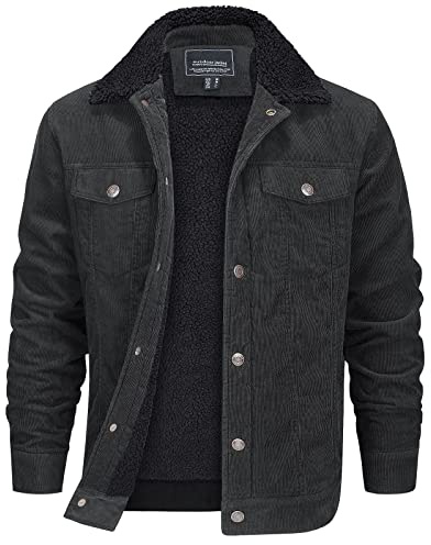 EKLENTSON Chaquetas de pana para hombre, forro polar Sherpa de algodón, abrigo de camionero, chaqueta térmica de cuello de solapa con 5 bolsillos, gris, L