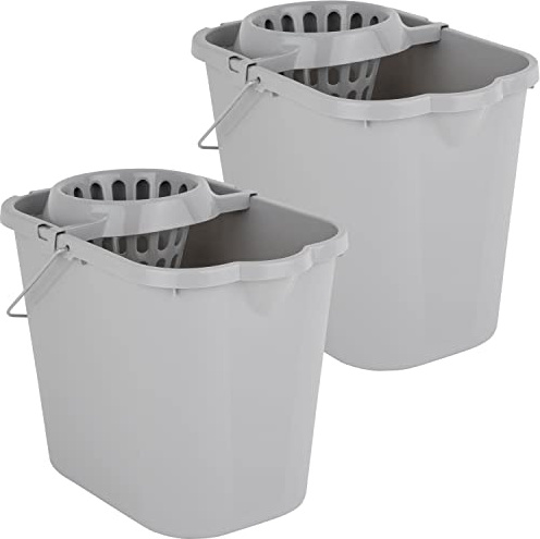 2X Wringeimer mit Siebaufsatz, Ausguss und Metall-Henkel - 12 Liter - grau - Rechteckig - Skala - Putzeimer Wischeimer Wringeimer Eimer Haushaltseimer Wassereimer Wischmop-Eimer