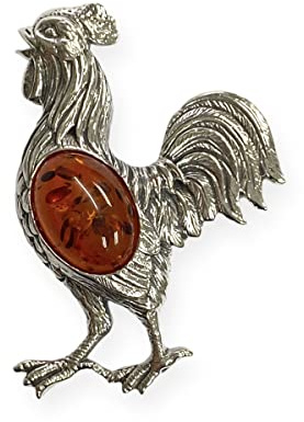 Victorian Style Chicken Pin Brooch with Amber Stone 925 Sterling Silver (Brown Amber)