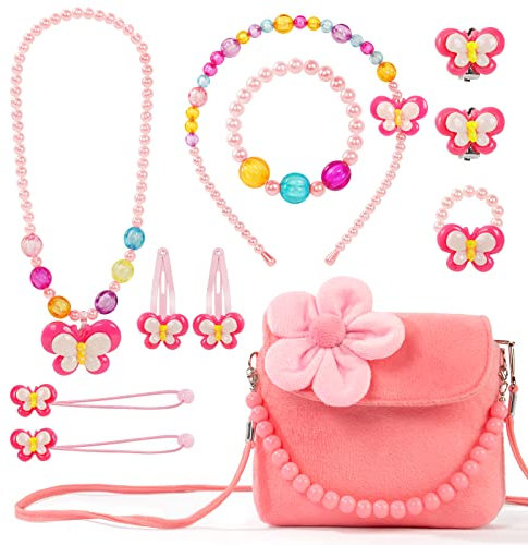 OSDUE Kleine Mädchen Plüsch Handtaschen, Schmuckset für Mädchen, Kette Halskette Armband Ring Schmuckset, Süße Plüsch Handtasche für Party Geschenk(Rosa)