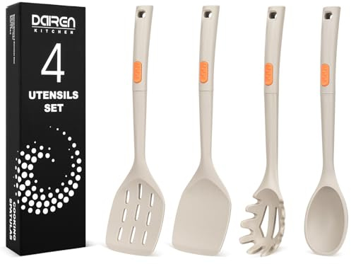 Silicone Spatulas and Spaghetti Spoons, 4 Pack Heat Resistant Full Silicone Cooking Utensils Set, Non Stick Large Kitchen Spatula Spoons for Cooking, Mixing, Serving, Draining