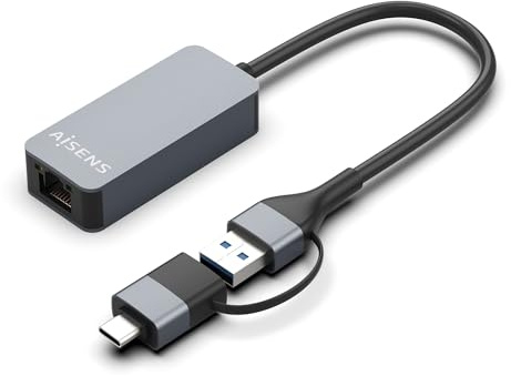 AISENS - A109-0710 - Convertisseur USB3.2 Gen1 USB-A+USB-C vers Ethernet 2.5G 10/100/1000/2500 Mbps, Gris, 15 cm