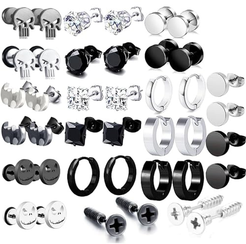 20 Pairs Earrings for Men, Stainless Steel Earrings Kit for Men and Women Gift Cross Dangle Hoop Ear Studs Men Jewelry