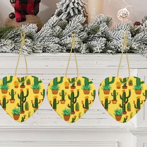 Ornements en porcelaine en forme de cœur de cactus jaune - Décoration de Noël à suspendre en céramique pour arbre de Noël - Ornement à suspendre pour anniversaire, Nouvel An, décoration d'intérieur