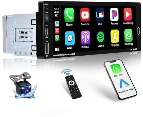 Single Din Car Radio Stereo with Wireless Apple Carplay Android Auto, 6.9 HD Touch Screen Car Radio Bluetooth Receiver, Mirror Link, Backup Camera GPS Navigation USB/Type-C Charge FM EQ SWC MP5