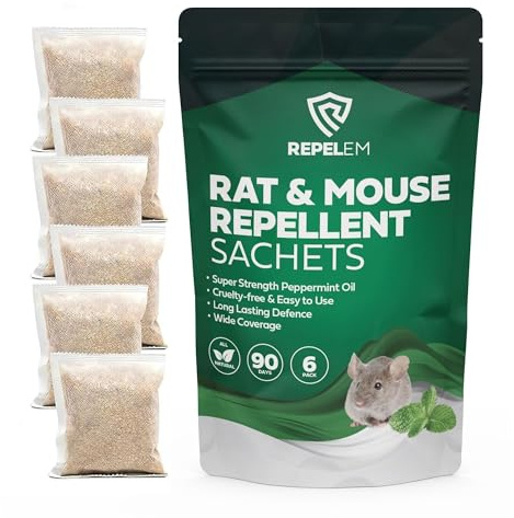 REPELEM Rat & Mouse Repellent Peppermint Oil Sachets - Natural Mice Repellent & Rat Deterrent for Homes, Cars & Caravans, Long-Lasting Cruelty-Free Rat Poison Alternative (6 Sachets)