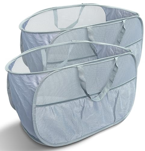 Collapsible Laundry Baskets 2 Pack, Mesh Pop Up Hamper with Handles, Portable Stair Basket, Dorm or Room Folding Bin, Dirty Clothes Hamper Light Breathable. Grey. 2H