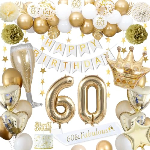 60 Geburtstagsdeko, gold 60 Geburtstag deko für Männer Frauen gold weiße Luftballons HAPPY BIRTHDAY Banner Nummer 60 Luftballons Krone Stern Herz Luftballons HAPPY 60th BIRTHDAY Kuchenaufsatz