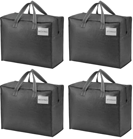 VENO 50 L Sac de Rangement Pliable, Sac Demenagement avec Étiquette Transparente, Rangement pour Vetements, Couette, Literie, Rangement Sous Lit et Voyages(S Noir, Lot de 4)