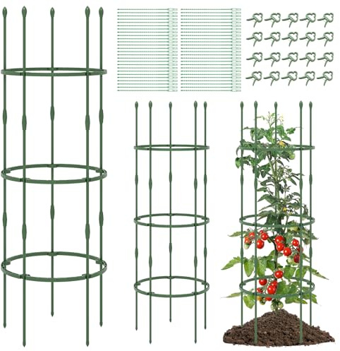 COSTWAY Tomaten Rankhilfe 3er Set, ∅50cm | verstellbare Höhe | 3 Ringe, Tomatenkäfig Pflanzenkäfig Garten, Pflanzenstütze für Kletterpflanzen Gurken Blumen, Metall & Kunststoff, Grün (154cm hoch)