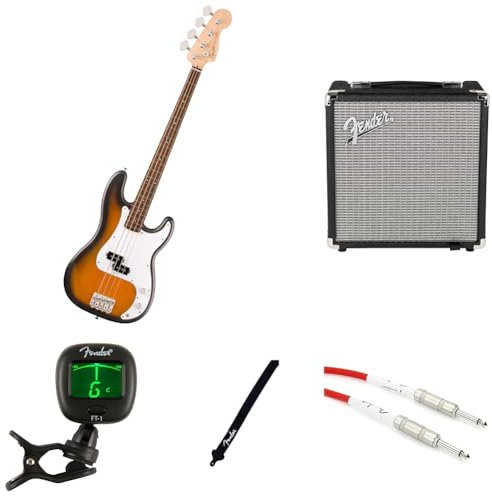 Fender Squier Debut Precision Bass Guitar Kit for Beginners, includes Amplifier, Cable, Strap, and Tuner, 2-Colour Sunburst