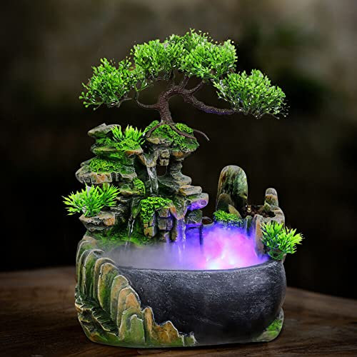Fontana da Tavolo, 28x20x15cm Fontana de Interna a Cascata, Fontana Zen da Interno con Dotato di atomizzatore LED, Fontana Feng Shui per Casa