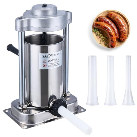 VEVOR Manual Sausage Stuffer, 2 L / 5 LBS Vertical Sausage Machine with G-Type Clamp, Food-Grade 304 Stainless Steel Barrel with 2 Stuffing Tubes, for Home Kitchen Restaurant Commercial