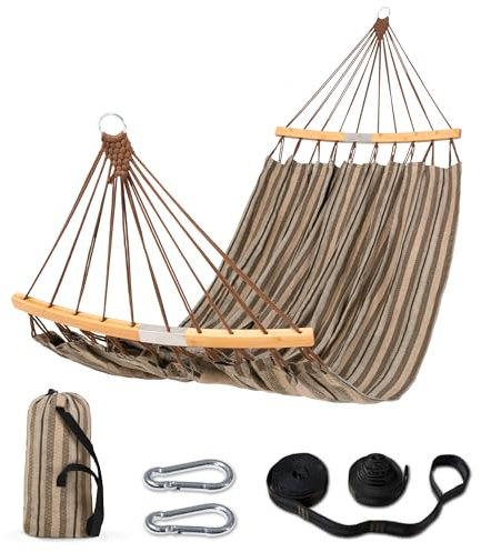 SUNCREAT Hängematten Doppel-Hängematte mit gebogener Spreizstange, Outdoor-Camping, tragbare Hängematte mit Tragetasche und Baumgurten für Terrasse, Hinterhof, Balkon, max. 204 kg Kapazität, Braun