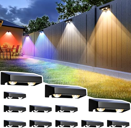 SOLPEX Solar Fence Lights Outdoor, 9 Fixed Colors ＆ Color Changing Fence Solar Lights Outdoor Waterproof IP65, LED Deck Lighting for Halloween Wall Backyard Step Railing Patio Pool Porch(12 Pack)