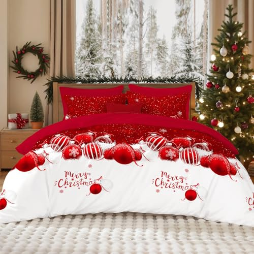 Nyescasa Bettwäsche Weihnachten 135x200 Rot Weiß Schneeflocke Glocke Muster Wende Bettwäsche Weihnachts Kinder Weich Microfaser Winter Bettbezug mit Reißverschluss und Kissenbezug 80x80cm