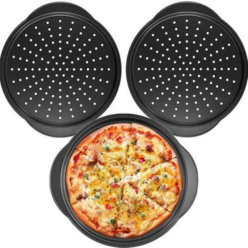 MUKSUET 3 Pcs Pizza Trays for Oven, 12 Inch/30CM Black Pizza Pans with Handles and Holes, Perforated Round Carbon Steel Non Stick Oven Baking Trays