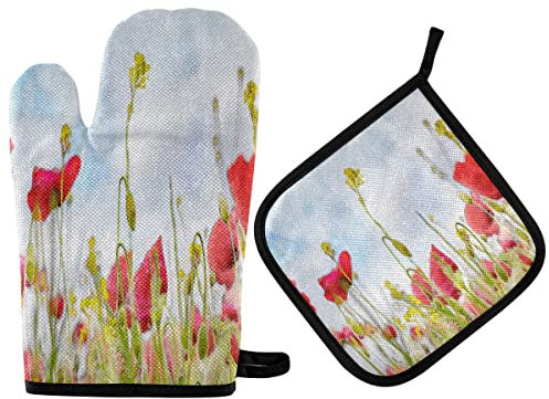 Ofenhandschuhe Feld Rote Mohnblumen Vintage Frühling Grillhandschuhe Premium Qualität Kochhandschuhe Waschbare Topfhandschuhe Für Grillen Kochen Barbecue