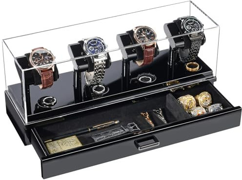 ProCase Boîte Montre Homme en Bois à 4 Emplacements, Présentoir Montre, Support Montre avec Tiroir Couvercle Acrylique Amovible -Noir