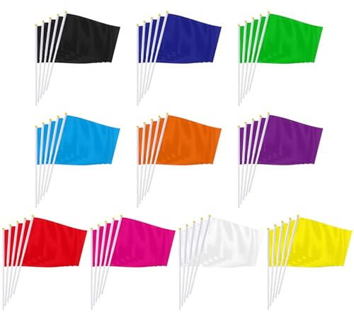 PTEROSAUR Paquete de 100 banderas pequeñas multicolor de mano, color rojo, naranja, amarillo, verde, azul, morado, azul claro, negro, blanco, color liso, mini bandera de mano, decoración de fiesta