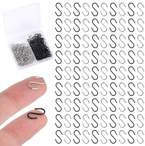 Gosknor 200stk Mini-S-Haken zum Aufhängen, 1,3cm Edelstahl Winzig Miniatur-Ornamenthaken Metalldraht Kleine S-Förmige Aufhänger Verbindungsstücke für Schmuck DIY-Basteln (Schwarz, Silber)