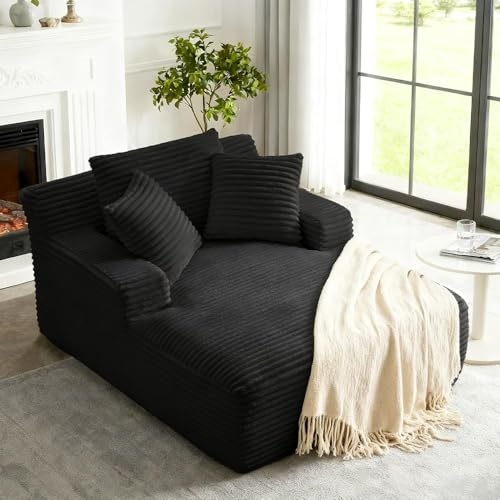 Tmsan 50 Oversized Chaise Lounge Sofa Chair Indoor, Modern Corduroy Sleeper Sofa Cloud Couch with 3 Soft Pillows, Comfy Single Seat Floor Sofa for Living Room Apartment Office, Black