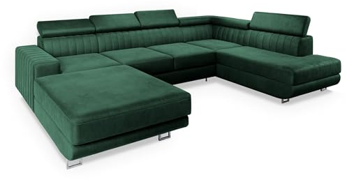 Masseno Ecksofa Siena R-S mit Schlaffunktion U-Form, Sofa mit Bettkasten, Wohnzimmersofa, Couch, Soffa, Bettsofa, Couchgarnitur- Grün, Monolith 37