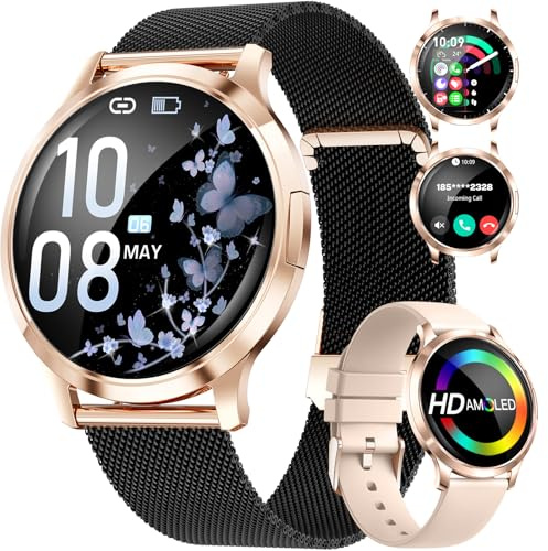 Smartwatch Damen mit Telefonfunktion für iOS Android , 1,32 AMOLED Display Ultradünn & Gebogen, Informationsbenachrichtigung, 100+ Sportmodi, 5ATM Wasserdicht, Schrittzähler, Kalorien Fitness Tracker