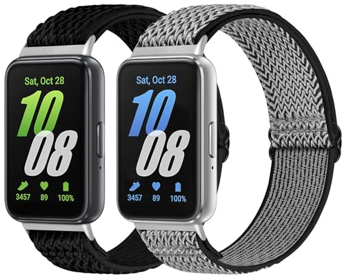 WNIPH 2 delar nylon elastiskt band kompatibelt med Samsung Galaxy Fit 3 klockor för herr och dam, mjukt justerbart elastiskt sportersättningsband för Samsung Galaxy Fit 3, Svart korrugerad + grå