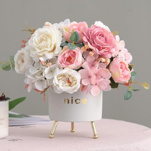 KARLOR Konstgjord bukett-set, 2 buntar konstgjorda blommor pioner hortensior rosa konstgjorda blommor som äkta sidenpioner bröllop blomsterarrangemang bordsdekorationer heminredning (rosa och vit)