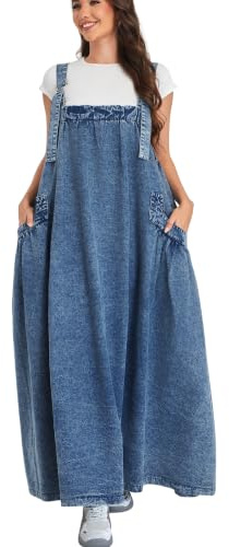 EXPOING Women's Denim Dress Wide Maxi Length Adjustable Straps Wide Hem
