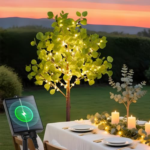 Aigostar Árbol de Eucalipto Artificial con Luces LED Solares 120 cm, 150 LED, 8 Modos, IP65 Impermeable, Ideal para Decoración de Jardín, Terraza, Navidad y Eventos (Color Blanco Cálido 2700K)